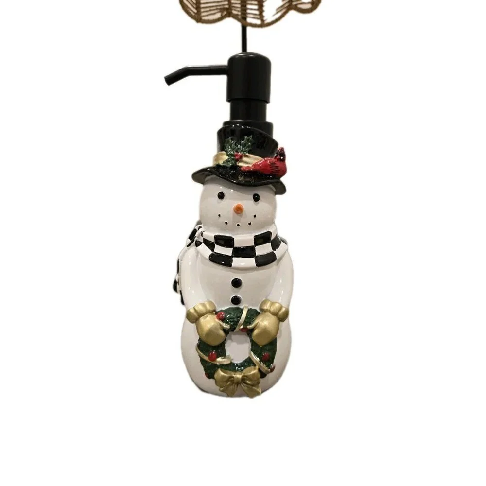 New Christmas White Snowman W/ Hat Red Robin Bird Soap Dispenser Decoration